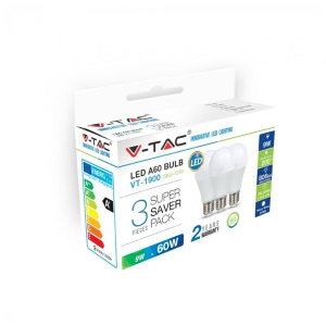 V-Tac Lampadina Led - 9W E27 A60 Termo Plastica Bianco 3 Pezzi 6400K