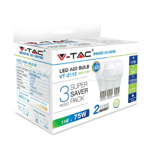 V-Tac Led Lampadina - 11W  3 PEZZI Pack 6400K E27 Luce Bianco Naturale